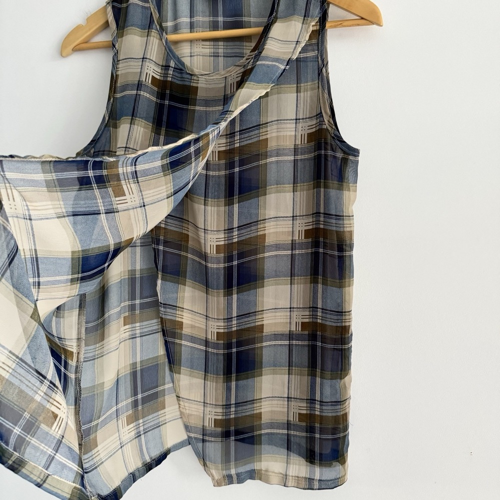 She + Sky Women's Blouse Small Open Front Sleeveless Blue‎ And Brown Checkered